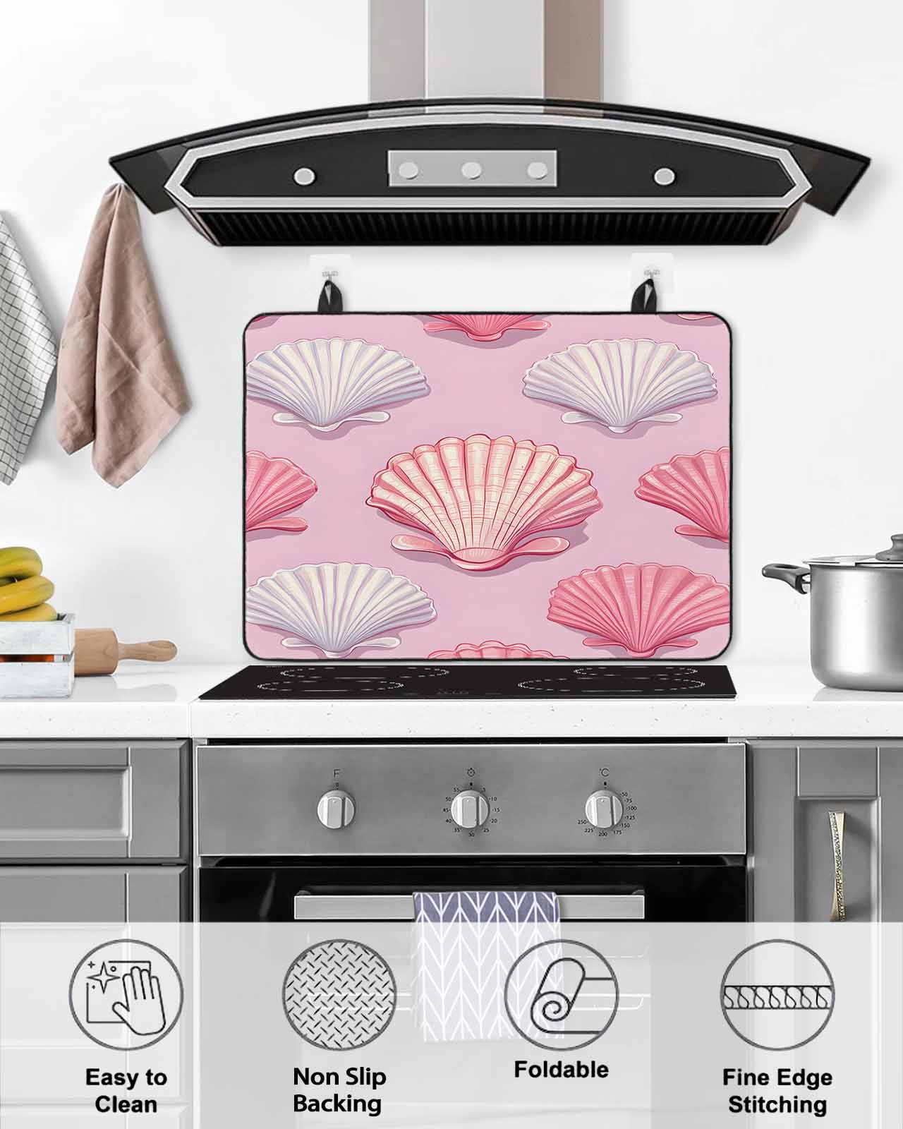 nqOlkjepod Large Induction Cooktop Protector Mat 36"x21", Pink Shell Coastal Stove Top Covers for Electric Stove, Ocean Summer Beach Nautical Stove Burner Cover Mats, Glass Top Stove Cover