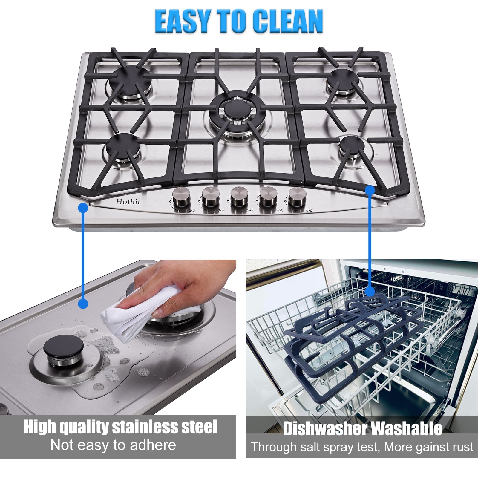 Hothit Propane Gas Cooktop 30" Inch, 5 Burner Built-in Stainless Steel Gas Stove Top, LPG/NG Dual Fuel Auto Ignition Gas Hob, Include Gas Pressure Regulator(L30"×W20")