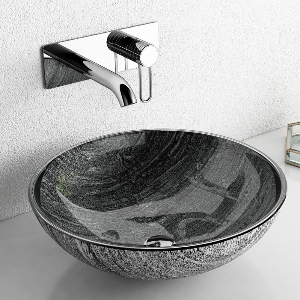 Kepooman F&R Bathroom Glass Vessel Sink, Handmade Artistic Tempered Glass Vessel Sink Vanity Round Bowl, Gray Kepooman F&R Bathroom Glass Vessel Sink, Handmade Artistic Tempered Glass Vessel Sink Vanity Round Bowl, Gray