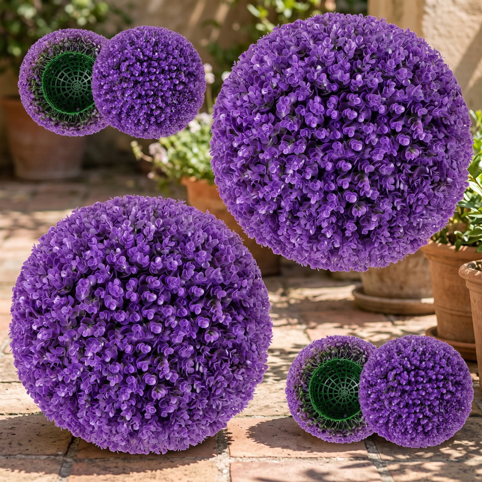 ALPULON 17.5 Inch Artificial Purple Boxwood Topiary Balls 2 Pack, 7-Layer Decorative Plant Spheres for Indoor Outdoor Garden Doorway Lawn, Purple