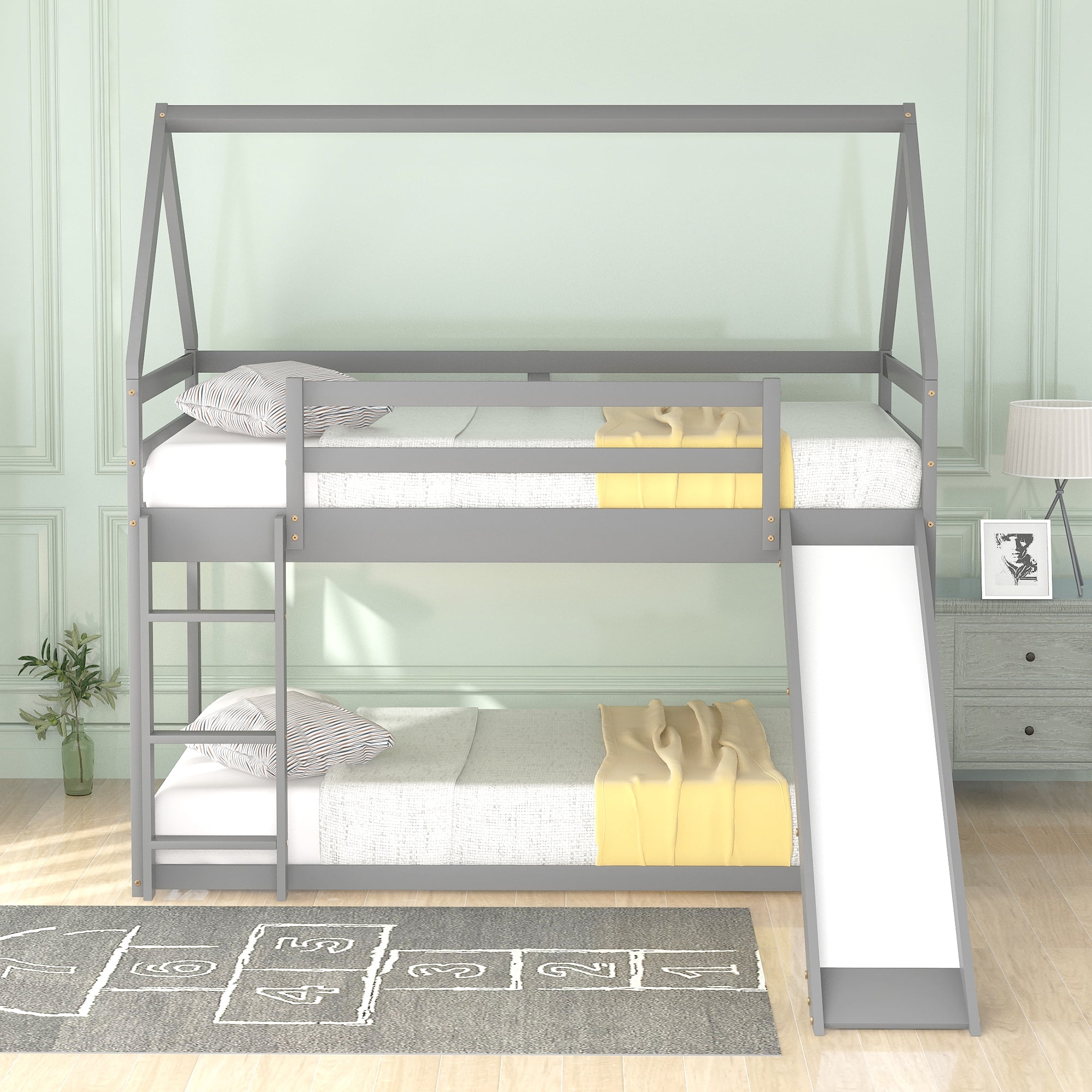 Aukfa Bunk Bed with Slide, Twin-over-Twin House Bed Frame for Kids - Gray