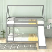 ABC Twin Size Bunk House Bed with Slide and Ladder | Pine Wood Frame,Grey