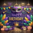 thumbnail image 5 of Colorful Mardi Gras Banner Mask Design Display Feather Decor Bead Garland Carnival Backdrop for Birthday Party Mardi Gras Celebration Carnival Event, 5 of 9