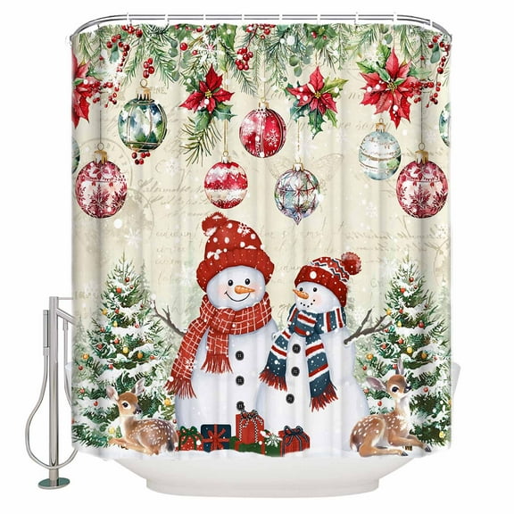 54x78 Inch Shower Curtain Decorative Beige Snowman Christmas Bathtub Bath Curtains Fabric Waterproof Bathroom Decor Balls Xmas Botanical Tree Small Stall Shower Curtain Set with 12 Hooks