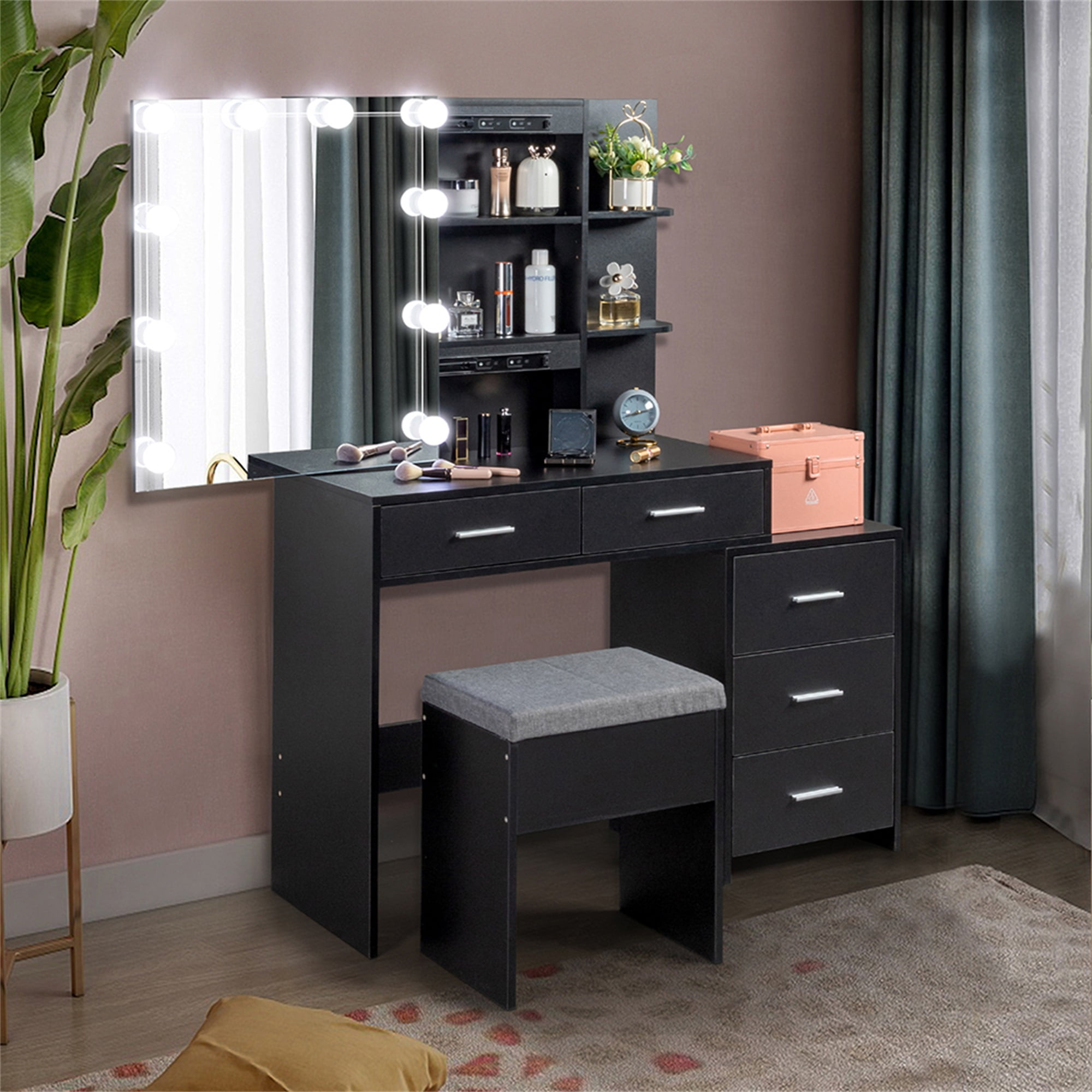 Kadyn Makeup Vanity Table, Vanity Table and Chair Set with 5 Pumps 2 Shelves, Black