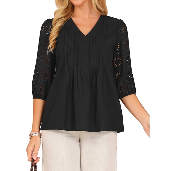 DARING DIVA Women's Eyelet 3/4 Sleeve V Neck Peplum Tops Casual Pleated Shirts S Black
