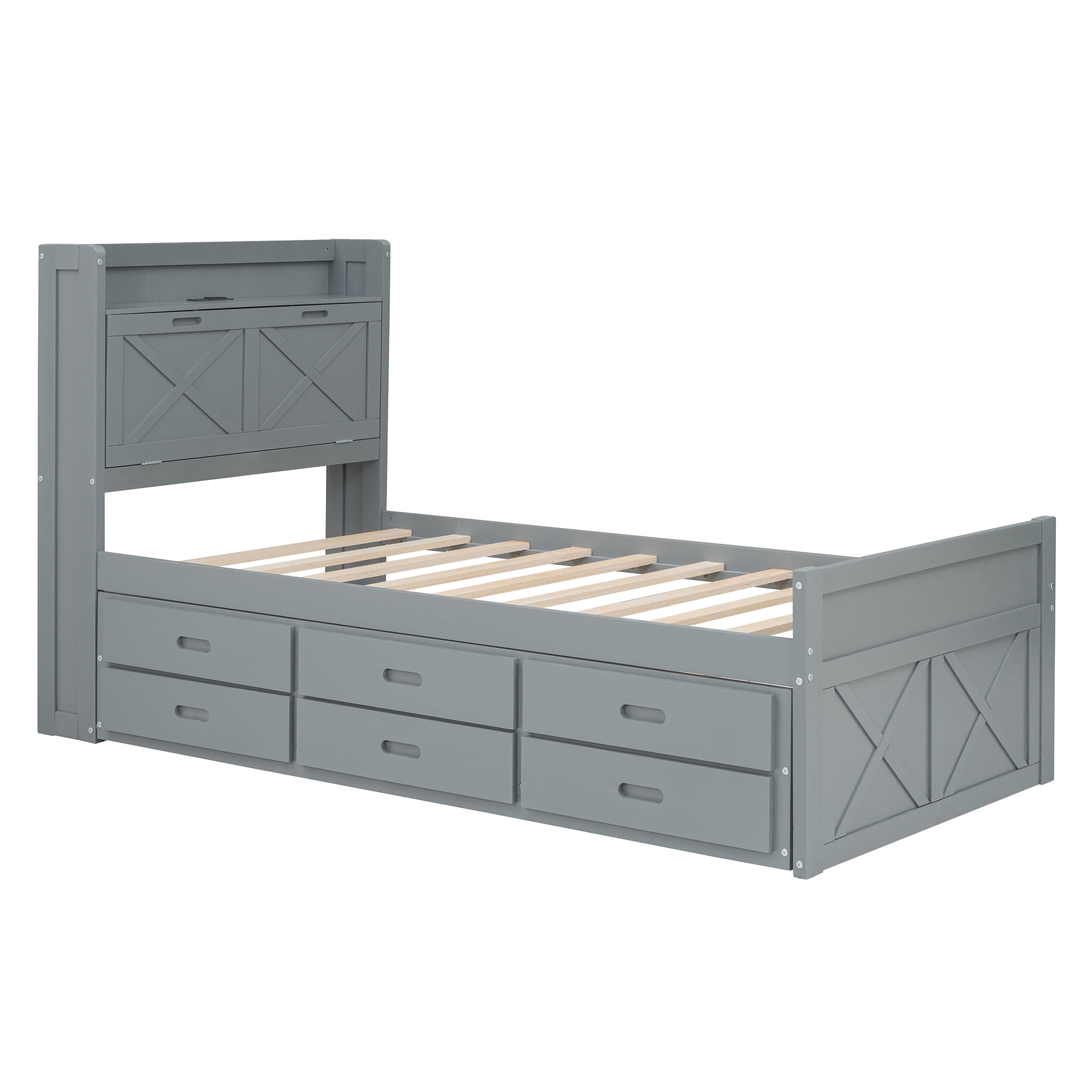 Mintazer Farmhouse Twin Bed with Trundle & 3 Drawers, Extendable Platform Bed with Headboard Storage & Charging Station for Bedroom, Gray