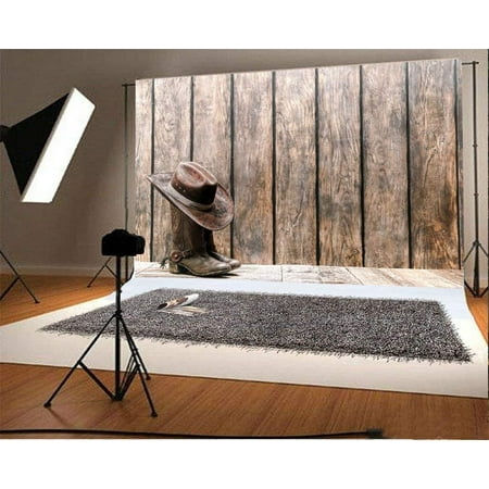 Image of ABPHOTO 7x5t Photography Backdrop Wood Leather Hat West Cowboy Boots Ric Stripes Wooden Floor Photo Background Backdrops