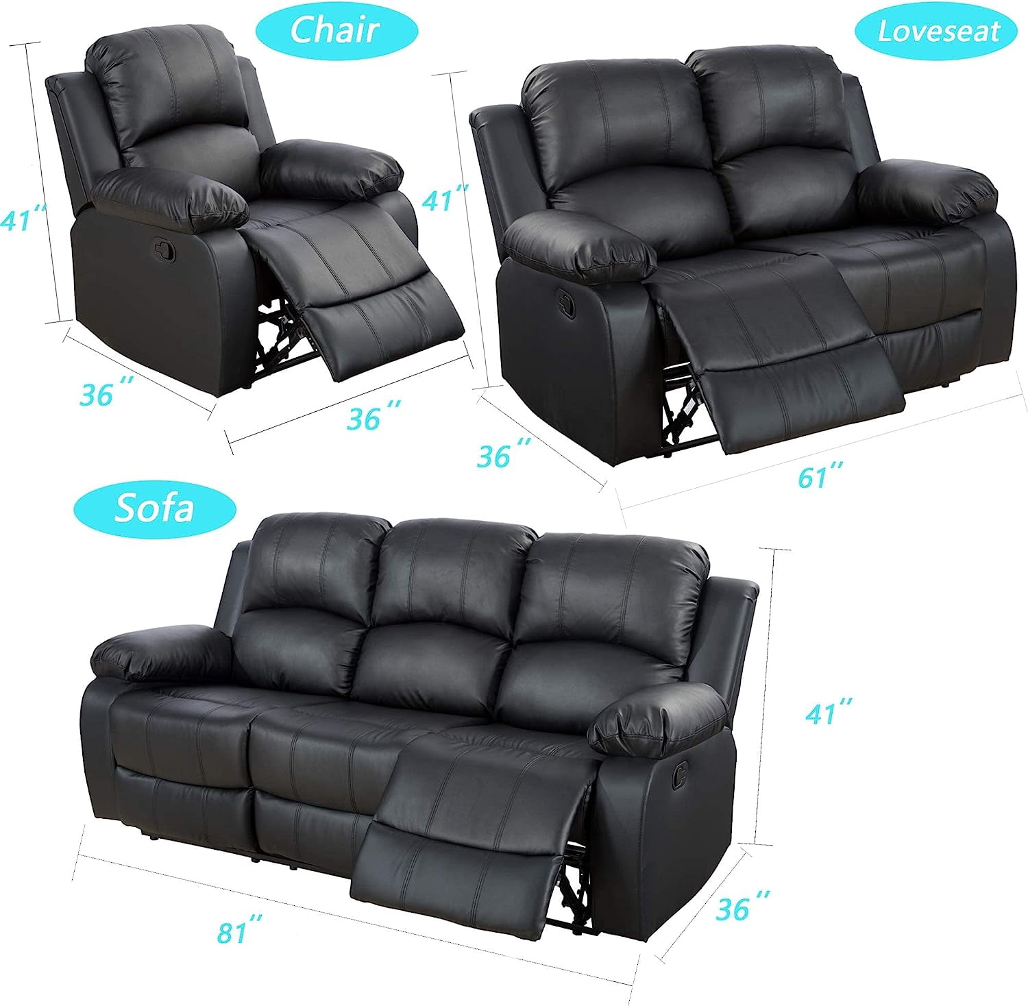 Golden Furniture 3 Piece Contemporary Faux Leather Reclining Living Room Set Black
