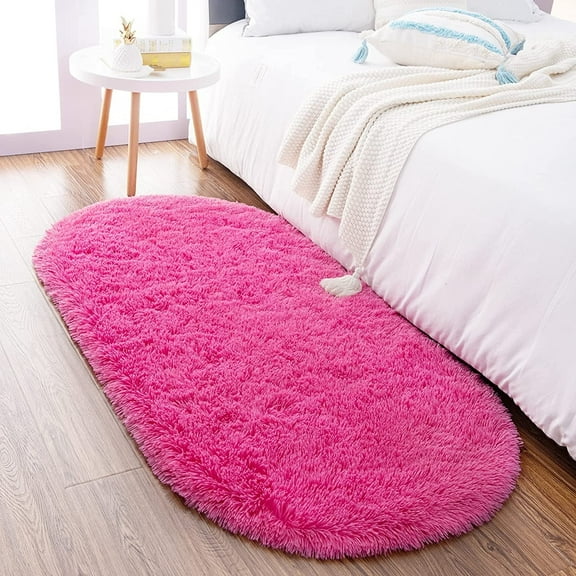 Junovo Ultra Soft Fluffy Bedroom Rugs Kids Room Carpet Oval Modern Shaggy Area Rugs 2.6' X 5.3',Hot Pink