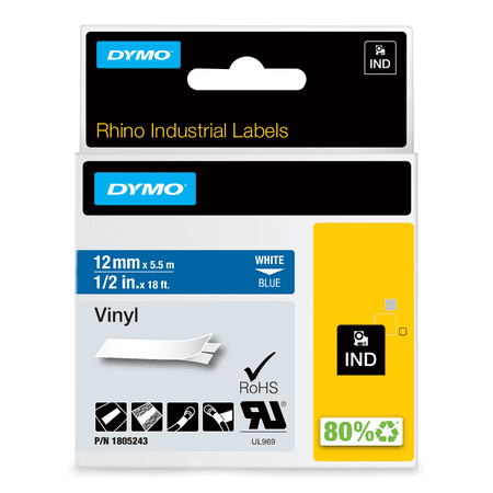 UPC: 0071701059673 | DYMO Rhino Industrial Vinyl Labels  1/2   White Print on Blue Tape
