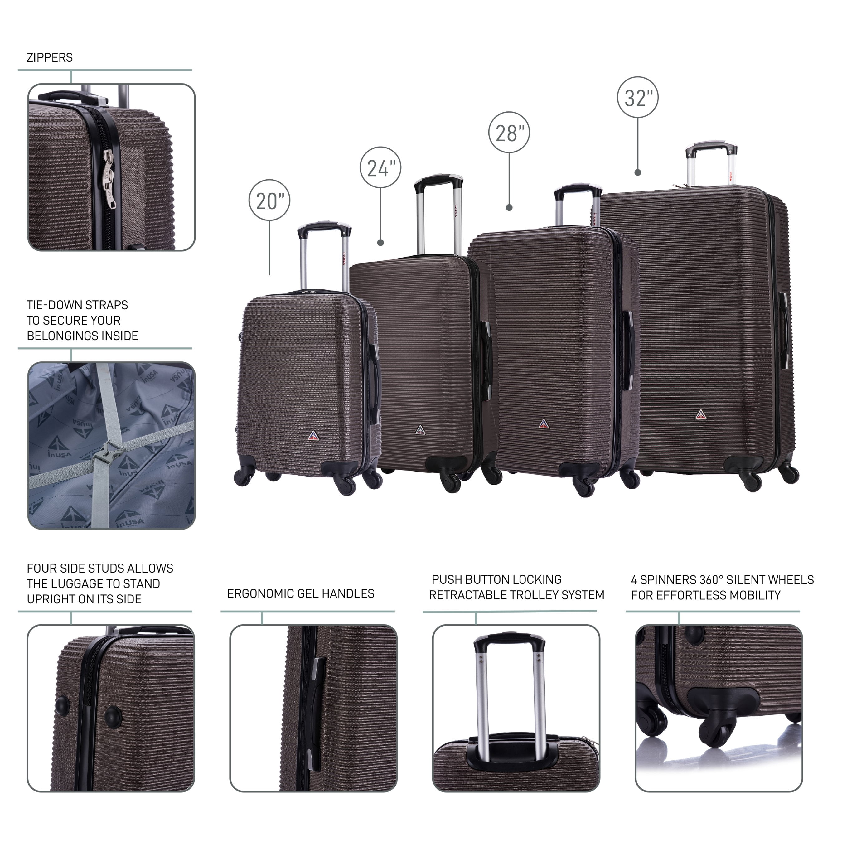 InUSA Royal 4-Piece Hardside Luggage Sets with Spinner Wheels, Handle, Trolley, (20"/24"/28"/32"), Brown