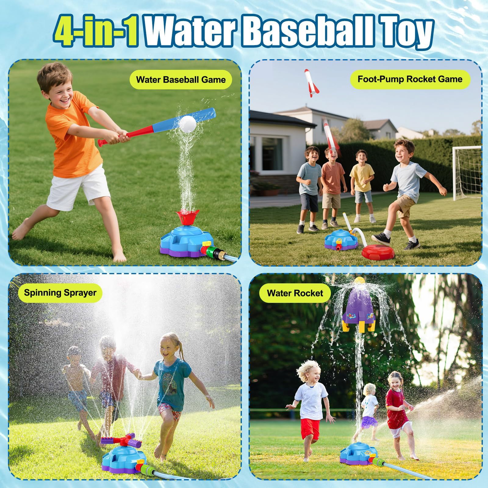 4-in-1 Kids Water Sprinkler Toys, Summer Outdoor Water Baseball/360° Rotating Sprinkler/Stomp Rocket/Rocket Launcher for Backyard Outdoor Summer Toys for Boys Girls