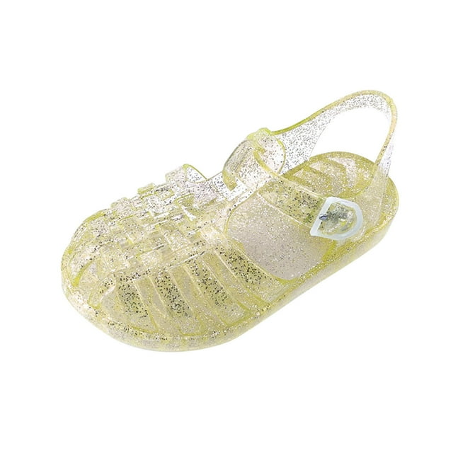 Girls Jelly Sandals Cross Straps Closed Toe Hollow out Sequin Solid Color Adjustable Buckle Durable Non Slip Washable Lightweight Summer PVC Water Shoes for 2-10 Years Yellow