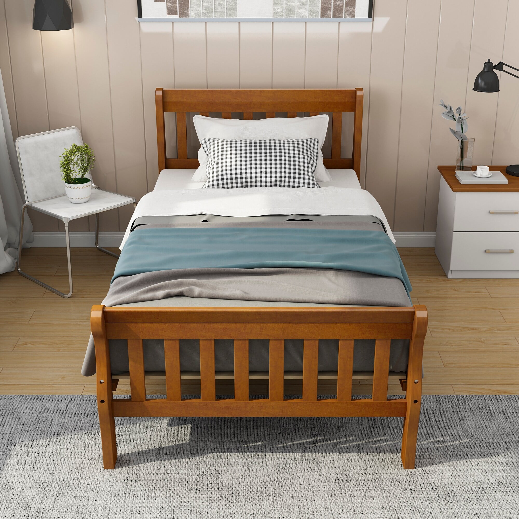 Modern Wood Platform Twin Size Bed Oak