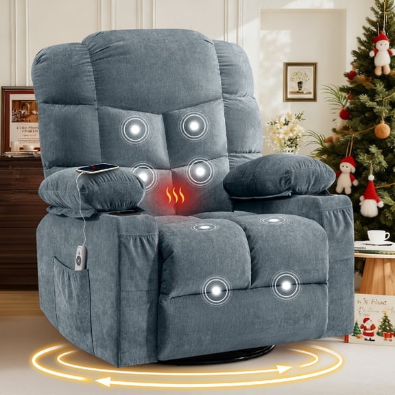 Oversized Recliner Chair with Massage and Lumbar Heating, 360° Swivel Rocking Recliner Chair with USB Charging Port and 2 Cup Holders & Side Pocket for Living Room, Office, Blue