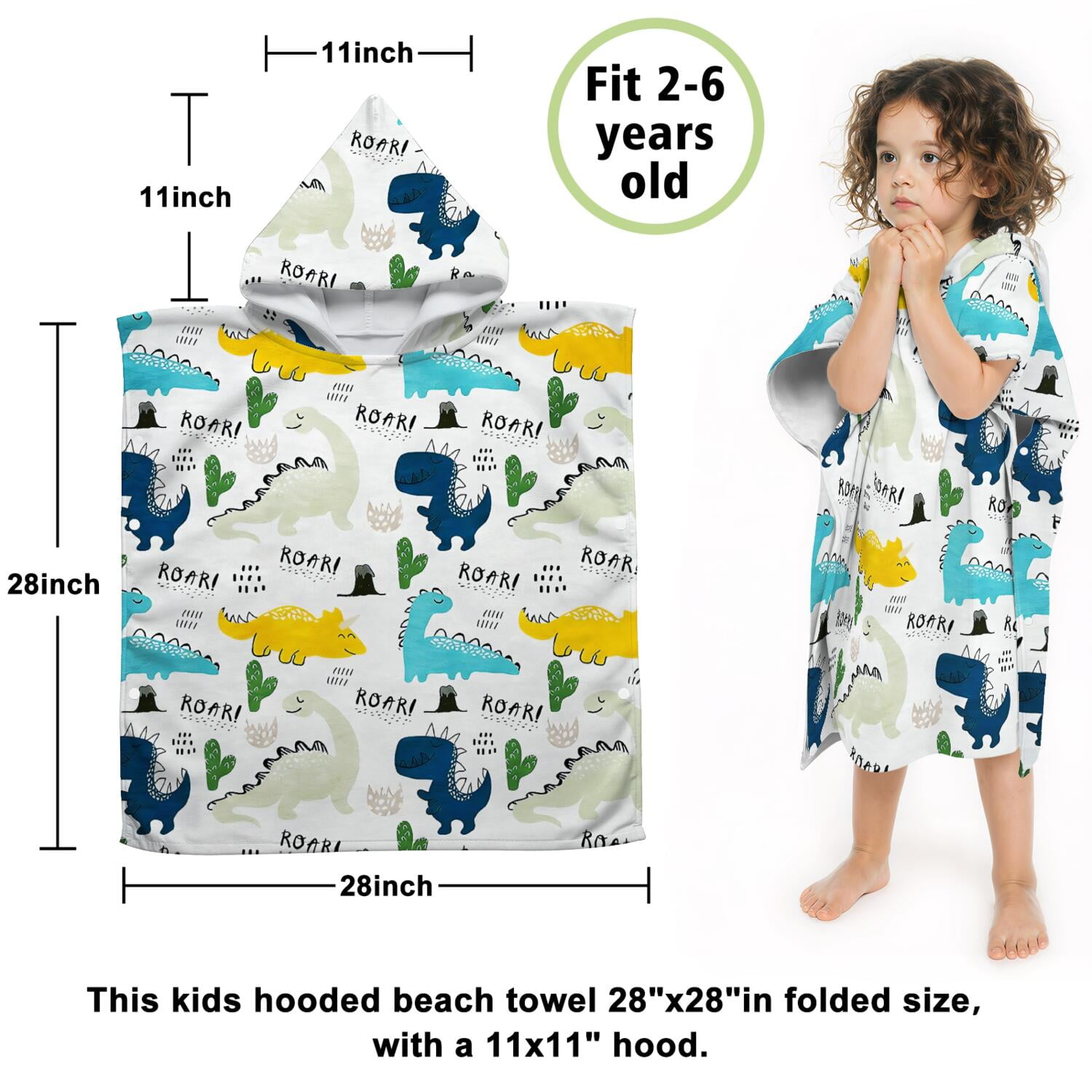 Hooded Kids Beach Towels - Toddler Bath Towel Girls Boys Swimming Cover-ups for Ages 2 to 6 Kids Pool Towels Quick Dry Lightweight Soft Microfiber Poncho Towel 28x28 (Dinosaur Pattern)