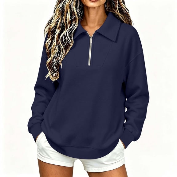 Edvintorg Women's Sweatshirt Long Sleeve Sweat Shirts Turndown Collar Sweatshirts Pullover Top with Zipper Womens Clothing S-2XL Navy