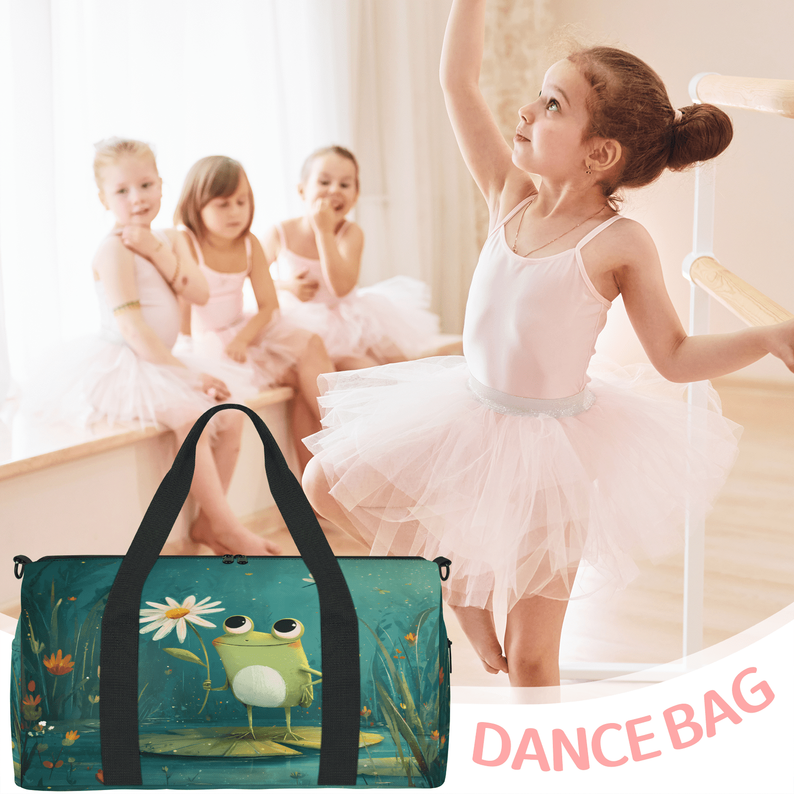 Herdesigns Funny Frog Gym Bag for Women, Duffle Bag for Travel Sport, Green Leaf Flower Lightweight Waterproof Carry on Weekender Dance Yoga Workout Bags