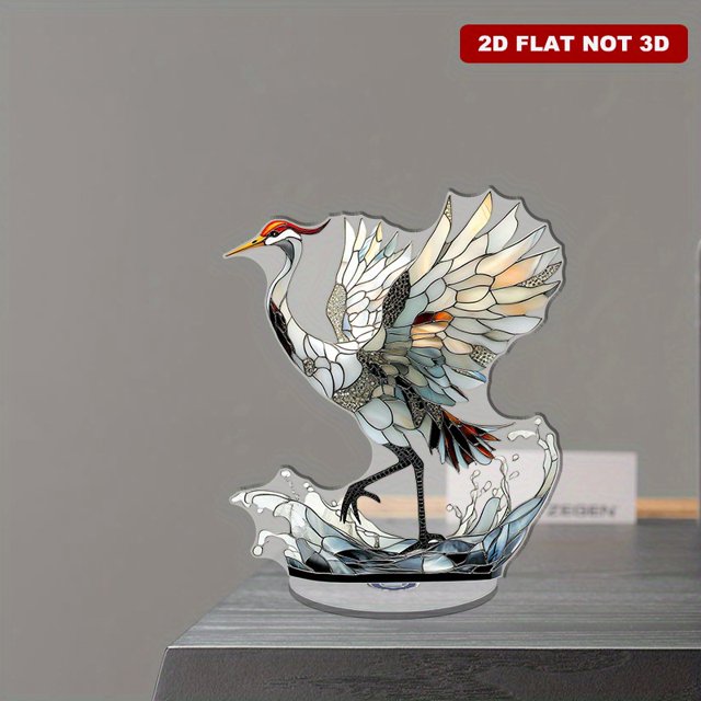 Ornement Acrylique Rotatif avec une Grue Gracieuse en Plein Vol avec des accents Rouges Vibrants et des Éclaboussures d'Eau Dynamiques sur un Fond Blanc Propre