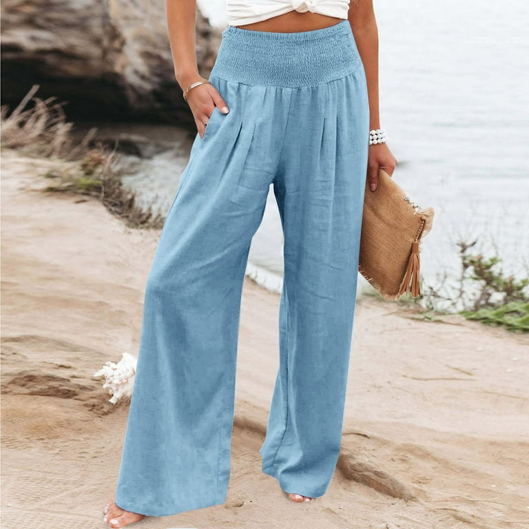 ZQGJB Linen Pants for Women Loose Fit Wide Leg Casual Summer Elastic High  Waisted Palazzo Pant Solid Color Baggy Flowy Beach Trousers with Pocket  Blue