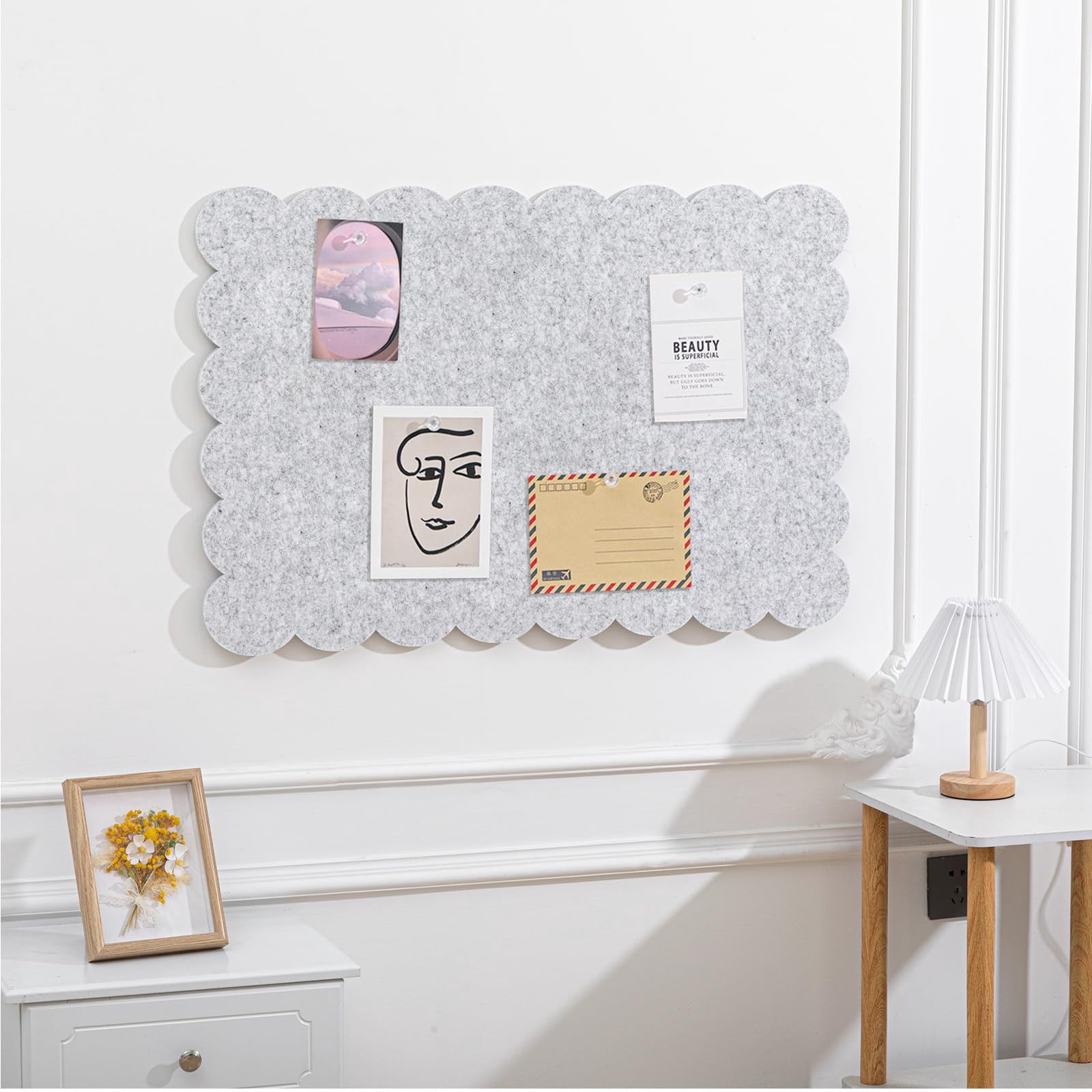 Scalloped Felt Bulletin Board Foldable Pin Cork Alternative For Wall  3' X 2' Trifold Picture Vision Self Adhesive Decorative(light Gray 18 * 24 Inch)
