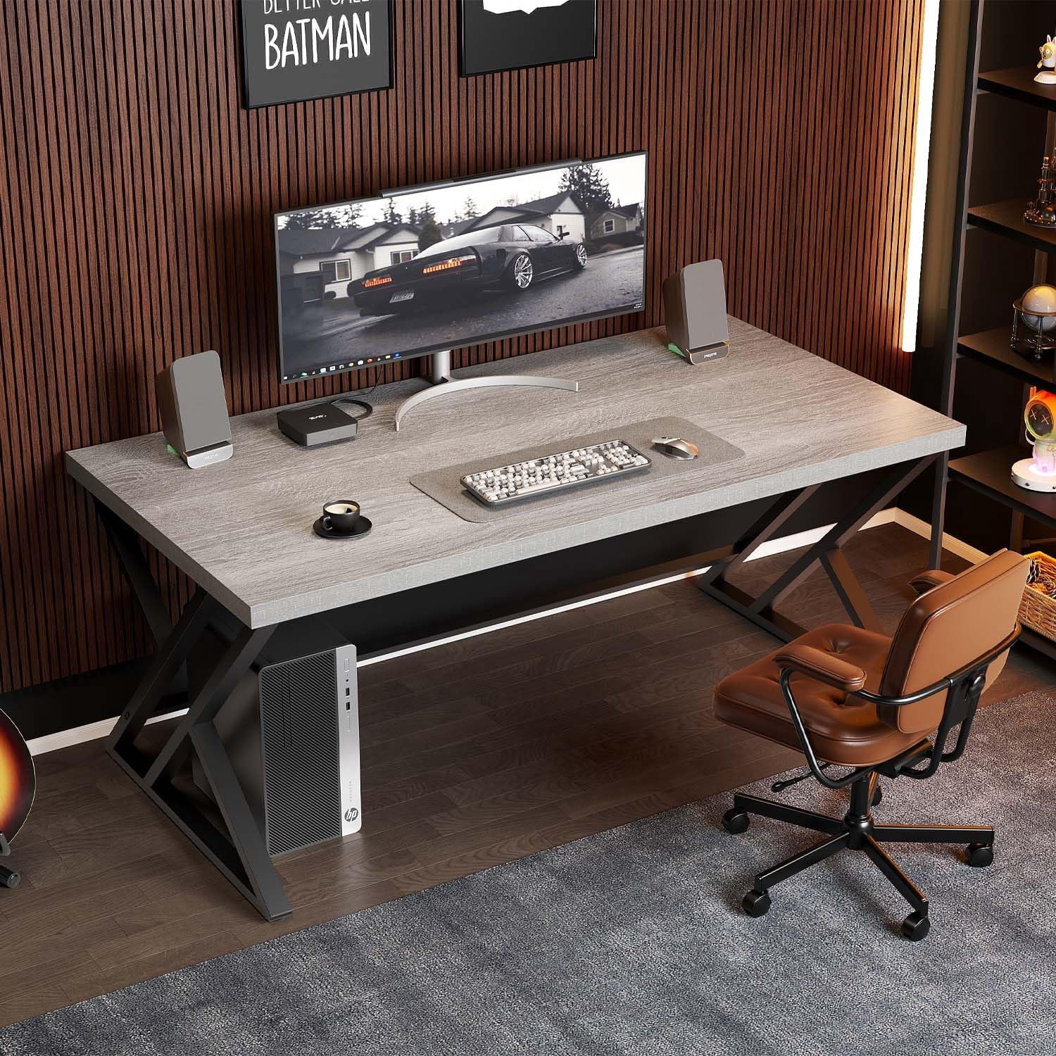 LVB Grey Computer Office Desk,  Wood PC Gaming Gray Desk for Home Office, Modern Wooden Metal Study Work Bedroom Table, Farmhouse Executive Writing Desk with Storage, 55 Inch, Light Grey Oak