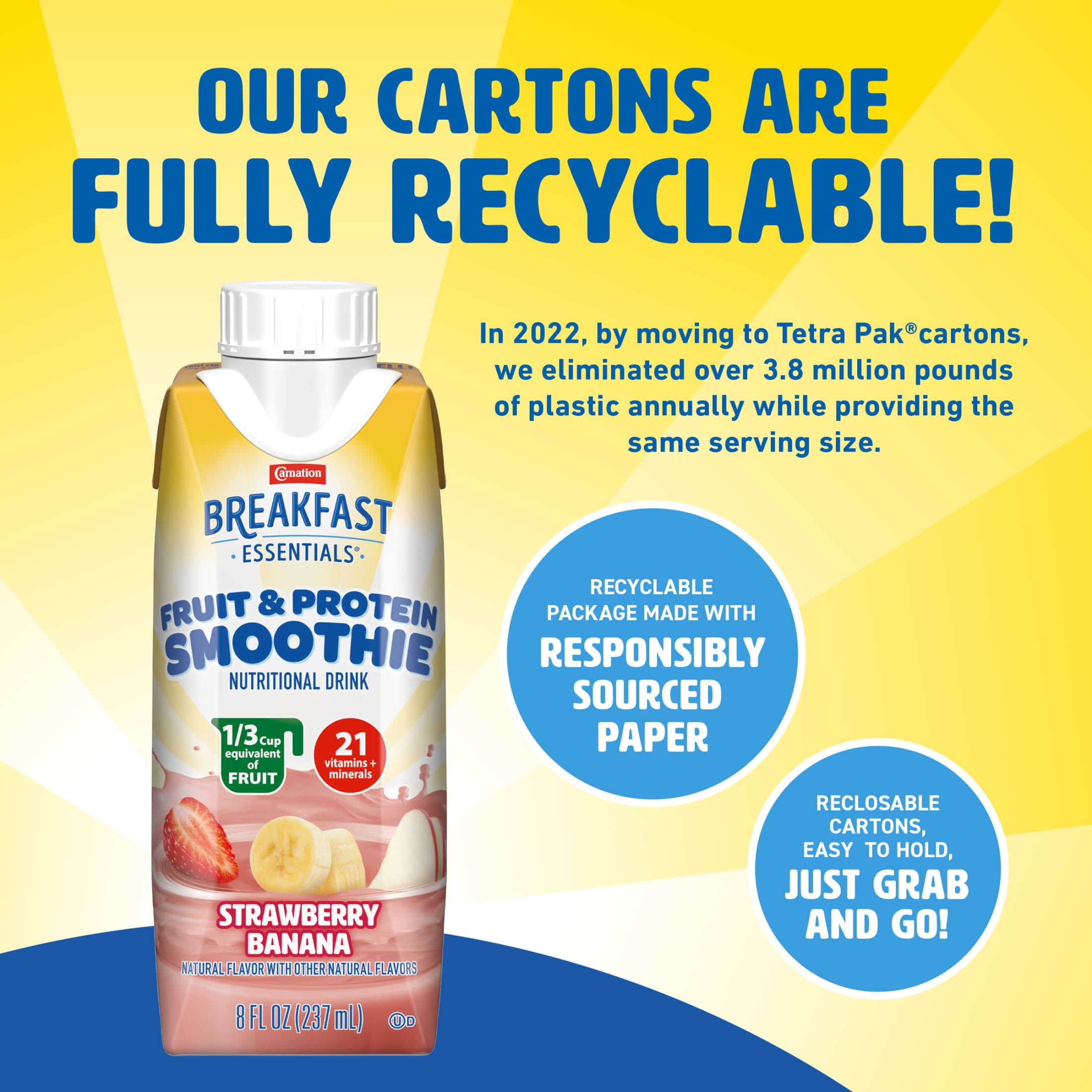 (4 pack) Carnation Breakfast Essentials Fruit and Protein Smoothie, Creamy Strawberry Banana, 8 fl oz, 6 Pack