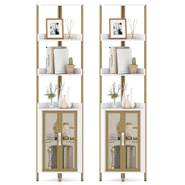 Gymax 2PCS 6-Tier Corner Shelf 67'' Tall Corner Bookshelf w/Cabinet & Adjustable Shelf Gold & White