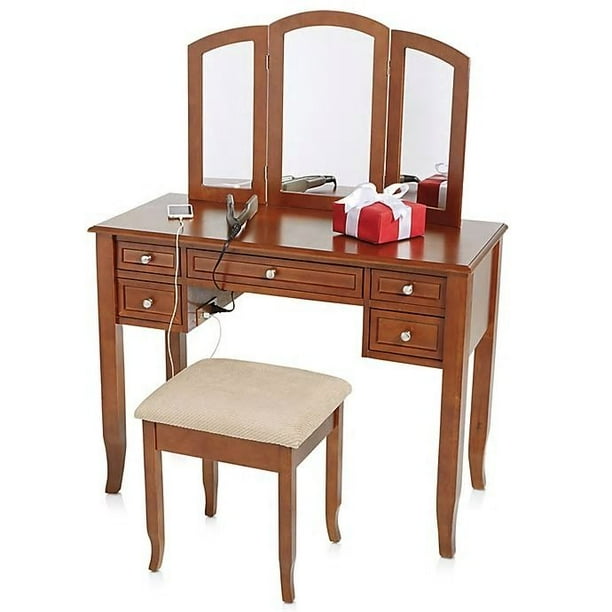 Charlotte 2 Piece Vanity Set With Power Strip And Usb In Walnut Walmart Com Walmart Com