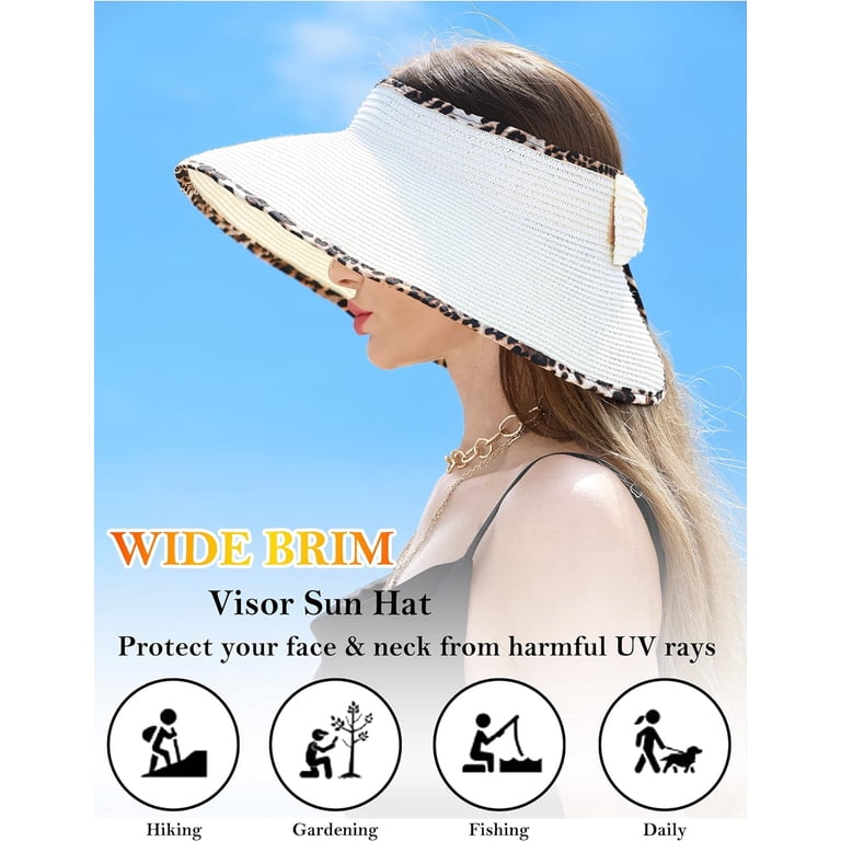 Wide Brim UV Protection Sun Hats for Women with Leopard Trim 