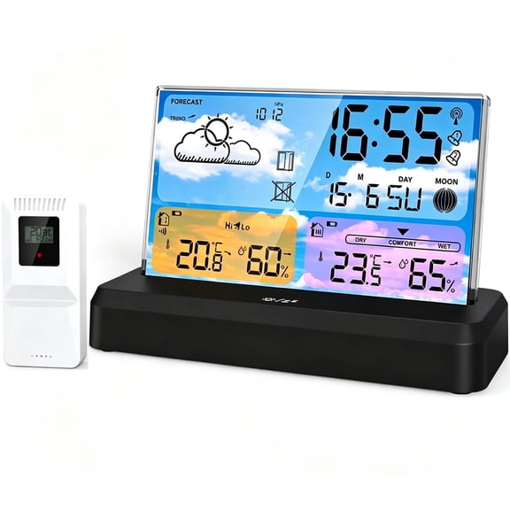 Cacagoo Weather Station Wireless Indoor Outdoor Thermometer, Color Display Digital Weather Thermometer with Atomic Clock, Barometric Pressure, Forecast Station with Adjustable Backlight