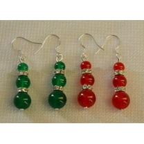 K-KED 2 Pairs Real Natural Red Green Jade Round Gems Silver Hook Dangle Earrings AAA