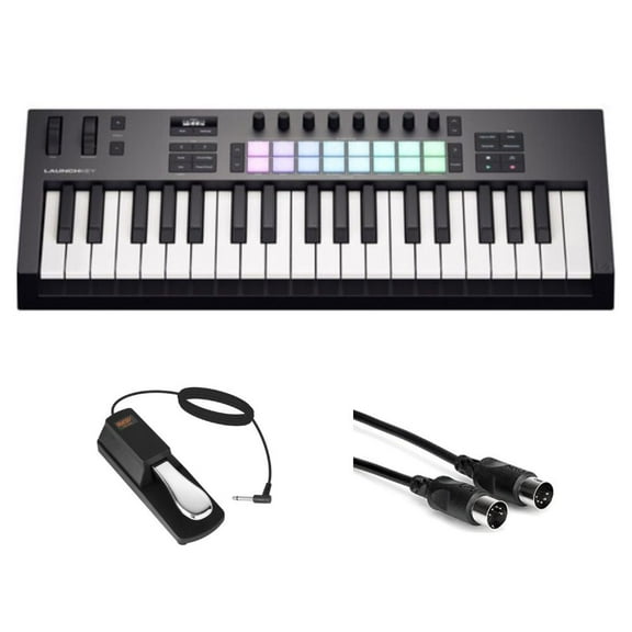 Novation Launchkey 37 MK4 USB MIDI Keyboard Controller (37-Key) Bundle with Auray FP-P1L Universal Piano-Style Sustain Pedal, Hosa Mid-310 Black 10 ft. Midi cable