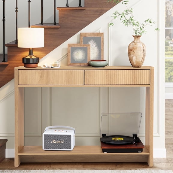 Wirrytor Console Table with Drawers, Modern Sofa Table for Living Room, Narrow Sofa Table with Wood 2 Drawer and Open Storage Shelf, Hallway Table and Couch Table Behind Sofa,Natural