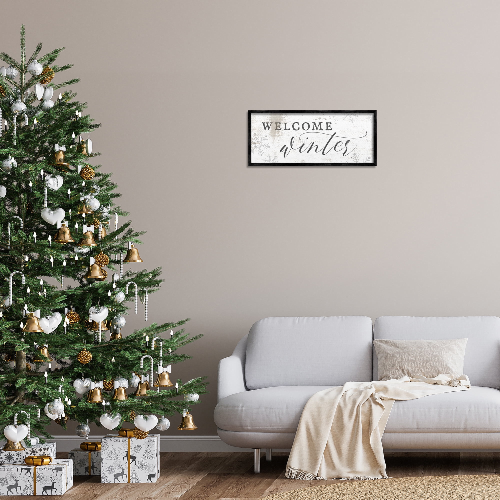 Stupell Industries Welcome Winter Snowflake Pattern Holiday Painting Black Framed Art Print Wall Art, 24 x 10