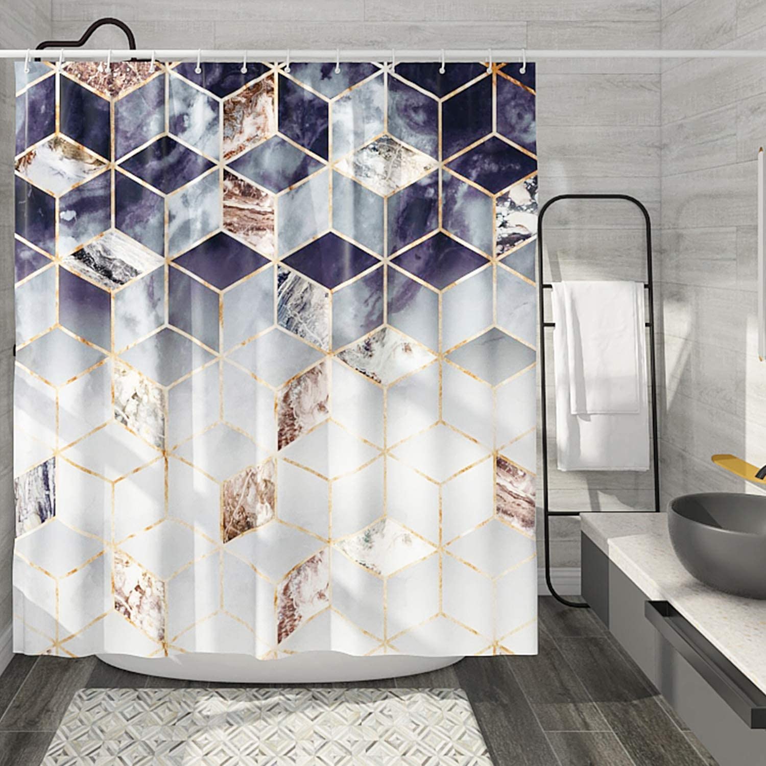 Black White Marble Shower Curtain 72x72 Inch with One Extra Clear