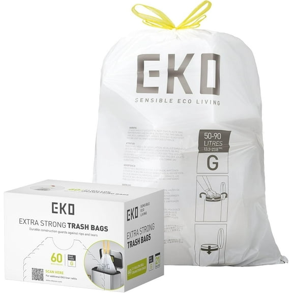 21 Gallon / 50-90 Liter, 60 Count Drawstring , Extra-Strong Unscented Garbage Bags, Easy-Dispense Roll for Kitchen & Household Use, Code G, White