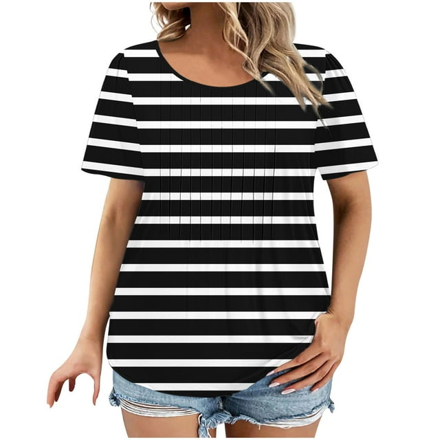Jgppe T-Shirt Grande Taille pour Femmes Col Rond Décontracté devant Plissé Extensible Imprimé Manches Courtes T-Shirt Hauts d'Été