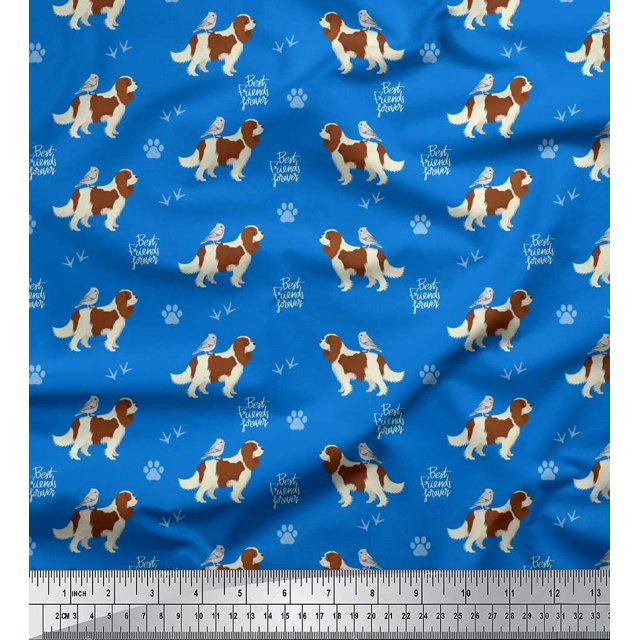 Soimoi Blue Rayon Fabric Bird,Paw & Cocker Spaniel Dog Printed Fabric 1 Yard 42 Inch Wide