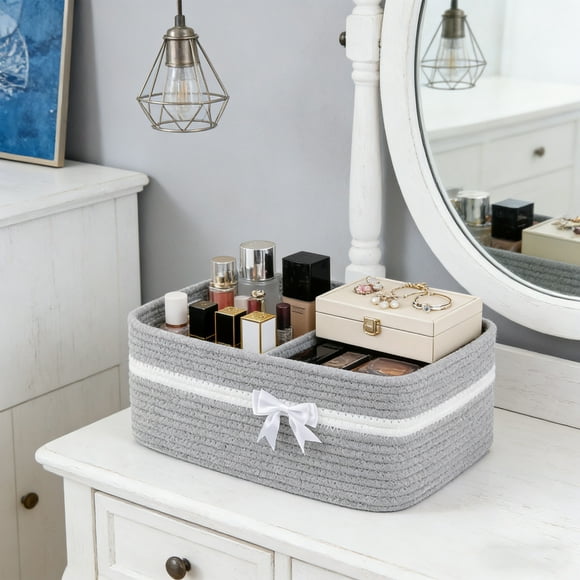 Woven Holiday Gift Storage Basket with Handle, Breathable Cotton Organizer Bin for Clothes and Toys, Foldable Space-Saving Home Storage
