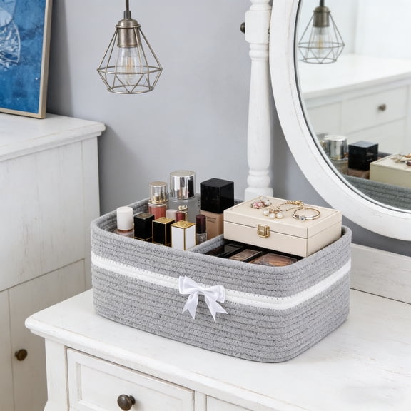 Holiday Gifts Storage Baskets - Round Woven Storage Basket for Organizing, Small Decorative Toy Basket, Cute Storage Bin Box for Toys, Gifts - Gray