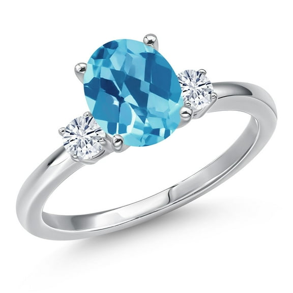 Gem Stone King 14K White Gold Swiss Blue Topaz and White Moissanite Engagement Ring for Women | 2.45 Cttw | Oval Checkerboard 9X7MM | Gemstone November Birthstone | Size 8