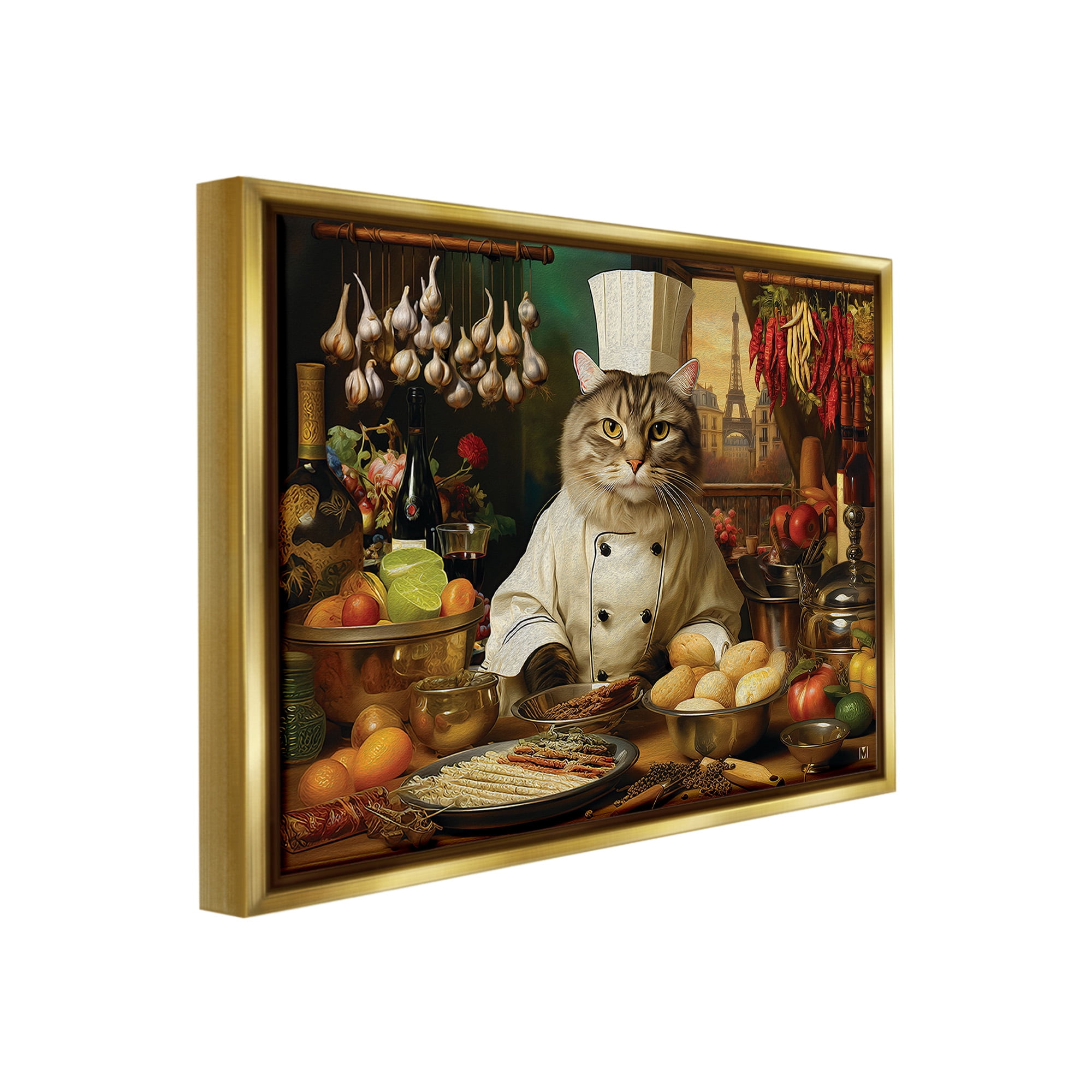 Stupell Industries Cat Chef in Kitchen Animals & Insects Painting Gold Floater Framed Canvas Art Print Wall Art, 31 x 25