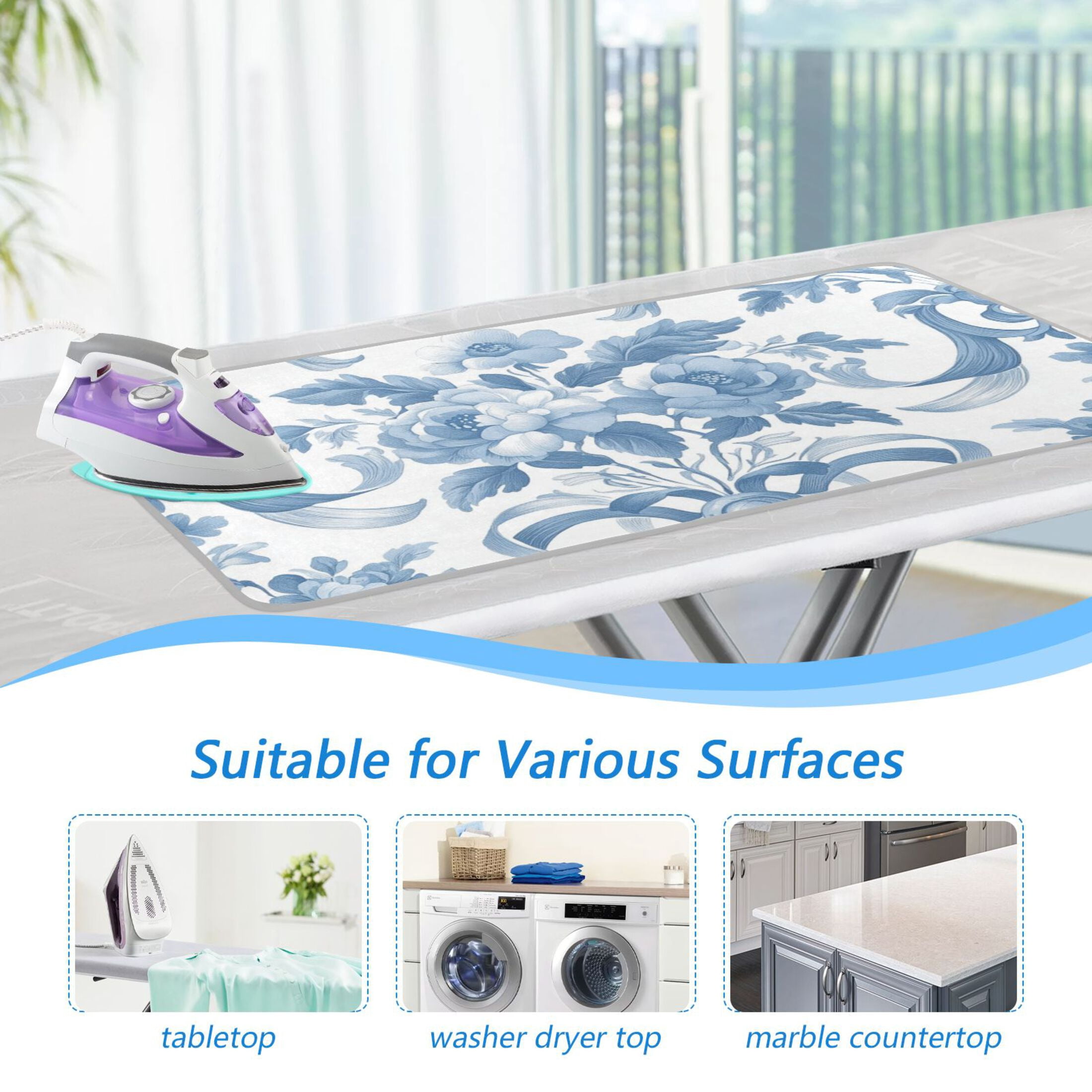 Blue Flowers Bowknots Pastel Elegant Ironing Mat Blanket Portable Travel Ironing Pad Heat Resistant Pad 47.2" x 27.6”