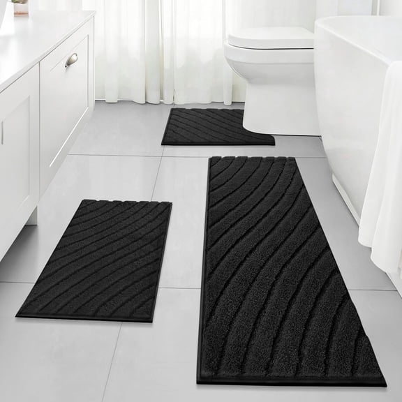 Findosom 3pcs Bathroom Rugs Set with U-Shaped Mat,Non Slip Machine Washable Wave Bath Mat,Ultra Soft Plush Shower Rugs for Bathroom,Tub,Shower18"x26" 18"x48" U 20"x24"Black