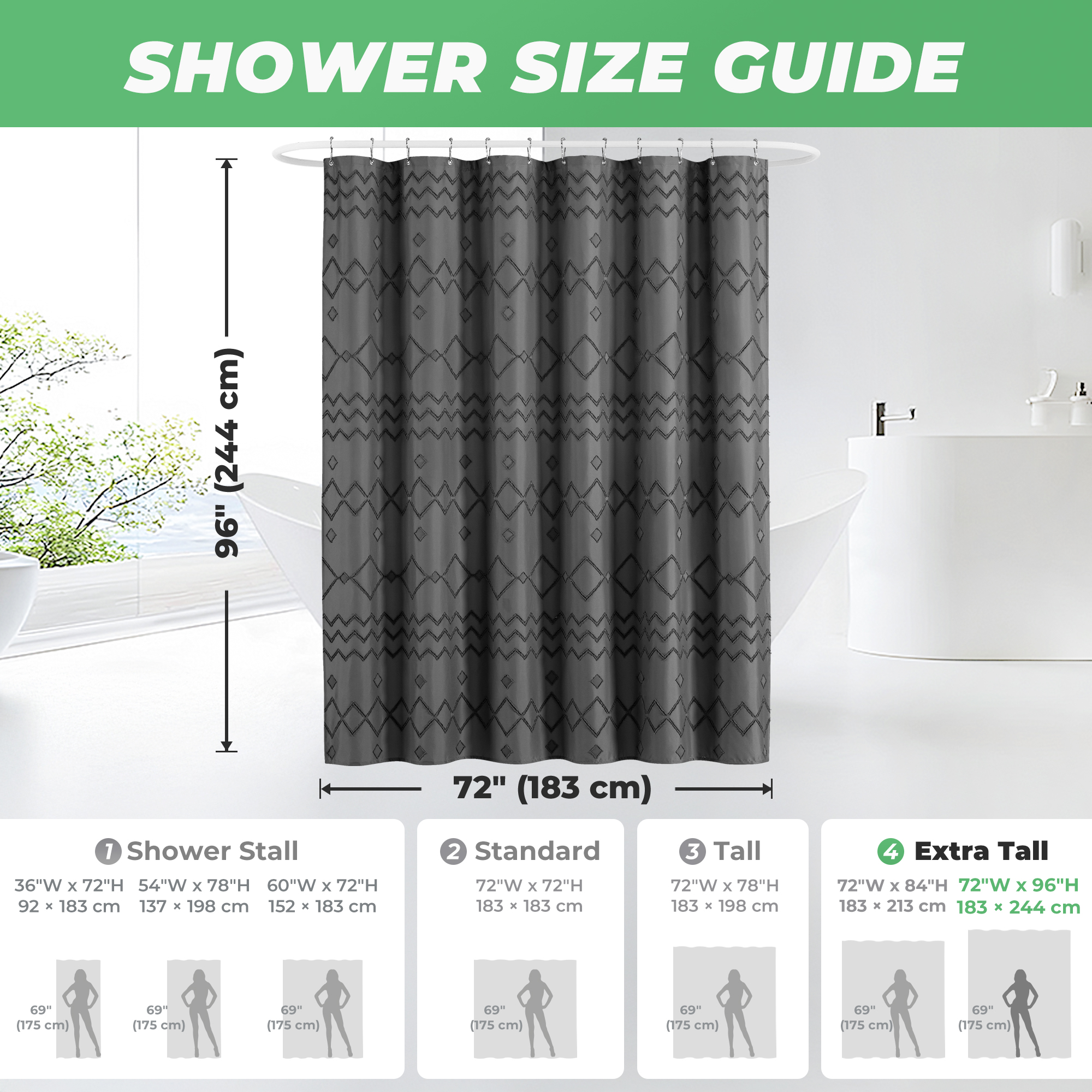Seasonwood Gray Shower Curtain with Hooks,Extra Long Heavy-Duty Weighted-Hem Fabric Bathroom Curtain,Water-Repellent, Machine-Washable,72"x96"