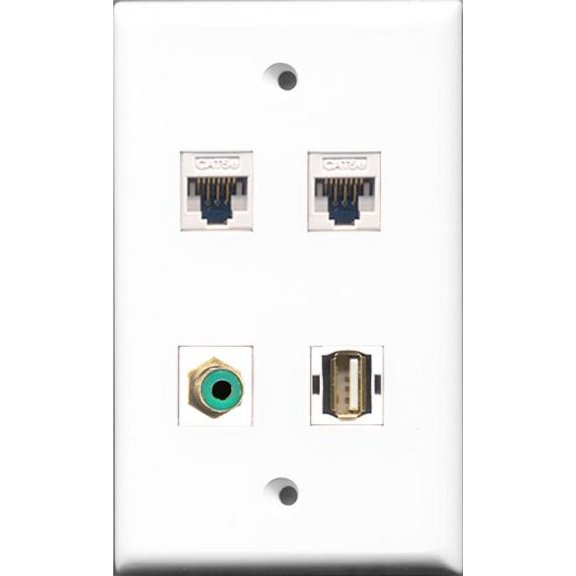 RiteAV - 1 Port RCA Green and 1 Port USB A-A 2 Port Cat5e Ethernet White Wall Plate