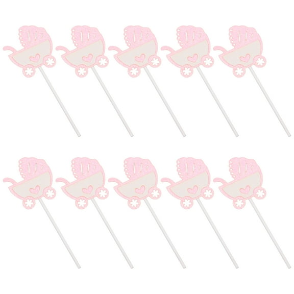 KALLORY 10Pcs Pink Paper Baby Carriage Cupcake Toppers for Cupcake Picks