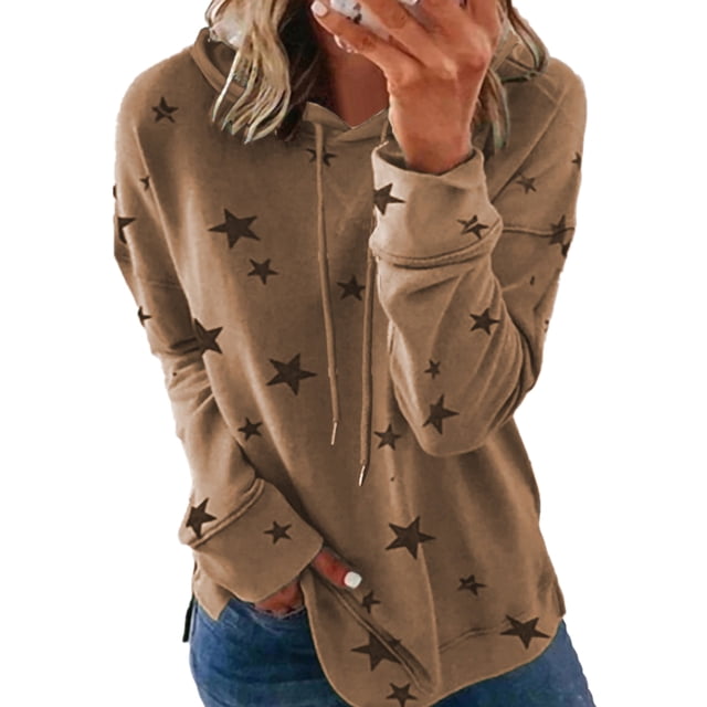 LUXUR Ladies Sweatshirt Stars Print Pullover Drawstring Hoodies Loose Fit Hooded Tops Long Sleeve Khaki XXL